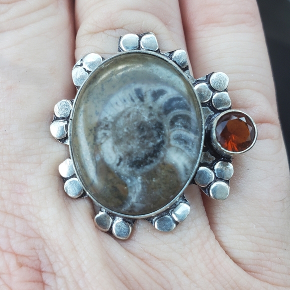 New Ammonite Fossil and Garnet 925 Silver Ring. - Picture 3 of 15